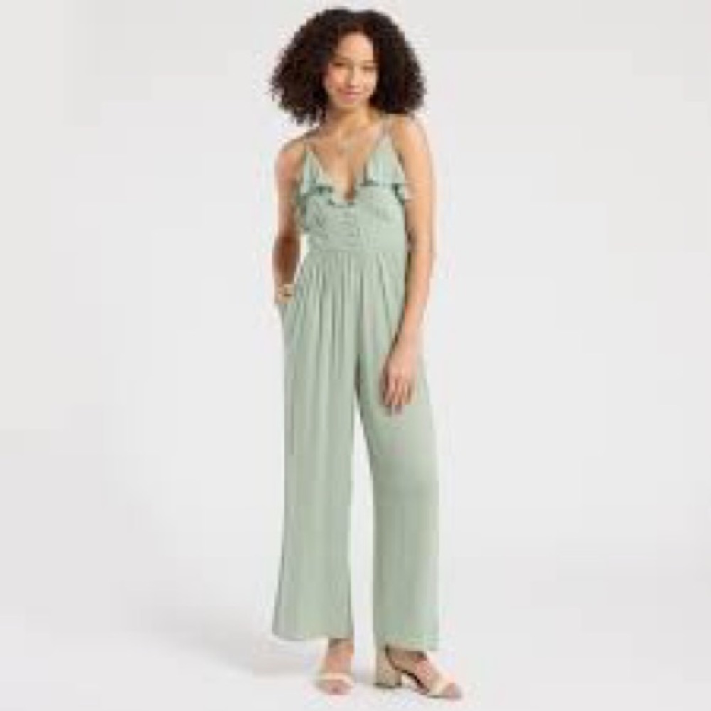 Dry Goods Light Sage Ruffled Wide-Leg Jumpsuit